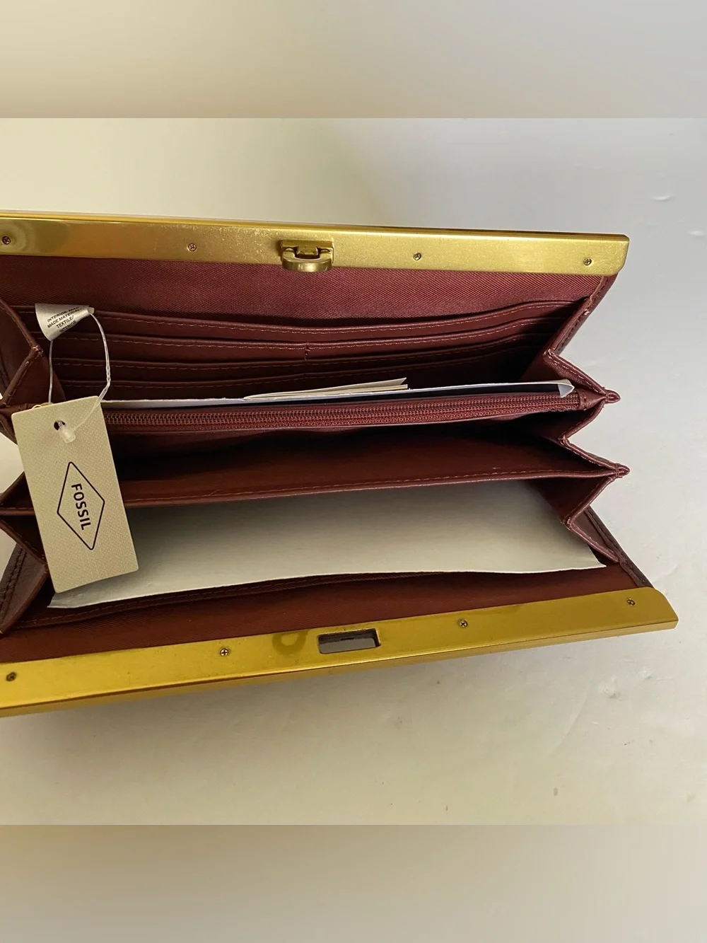 Fossil Burgundy Red Brown Sleek Leather Clutch Wallet with Gold Accent NEW